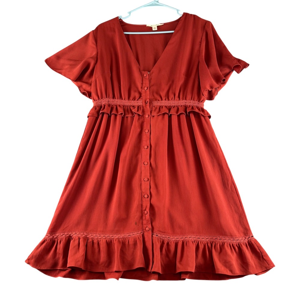 Miami Rust Orange Ruffle Mini Dress Crochet Trim Button Front Medium